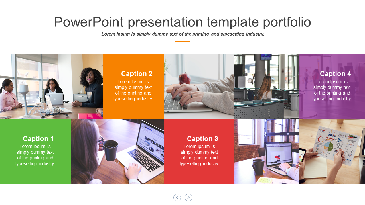 Portfolio presentation template with four colored sections, each containing images of professionals working at computers.