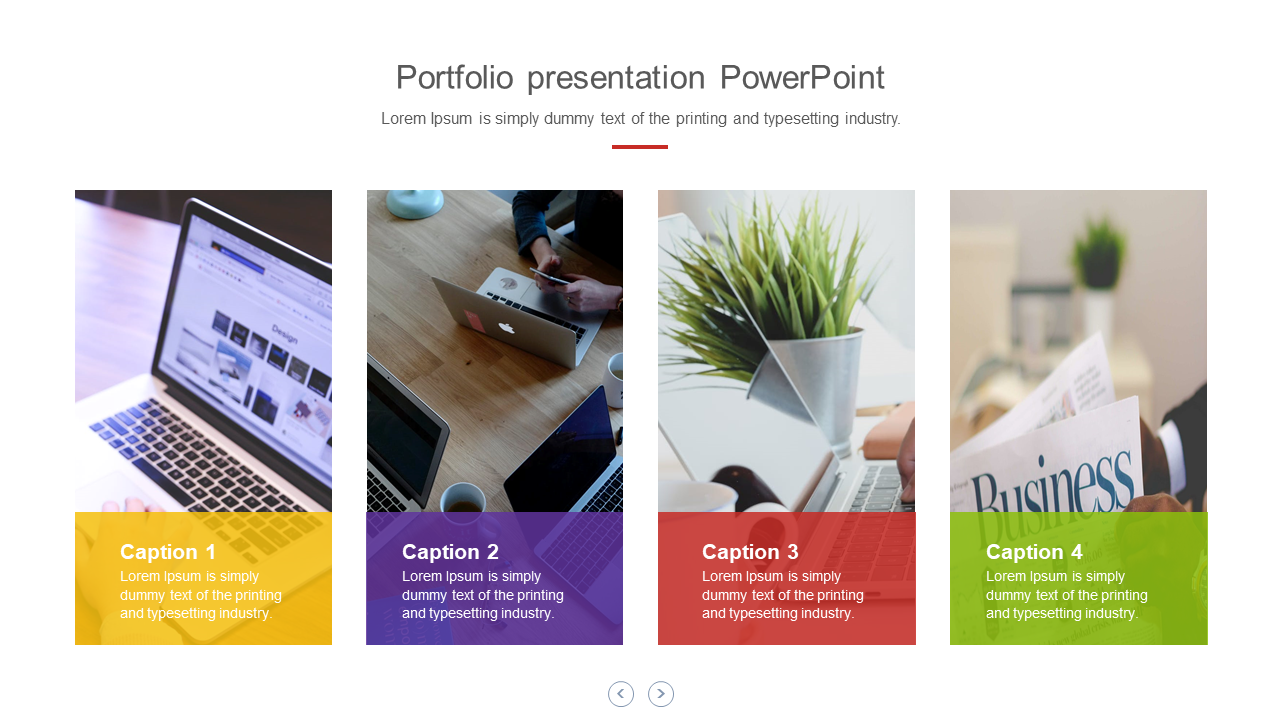 Portfolio slide with four images of work environments and captions in yellow, purple, red, and green boxes below.