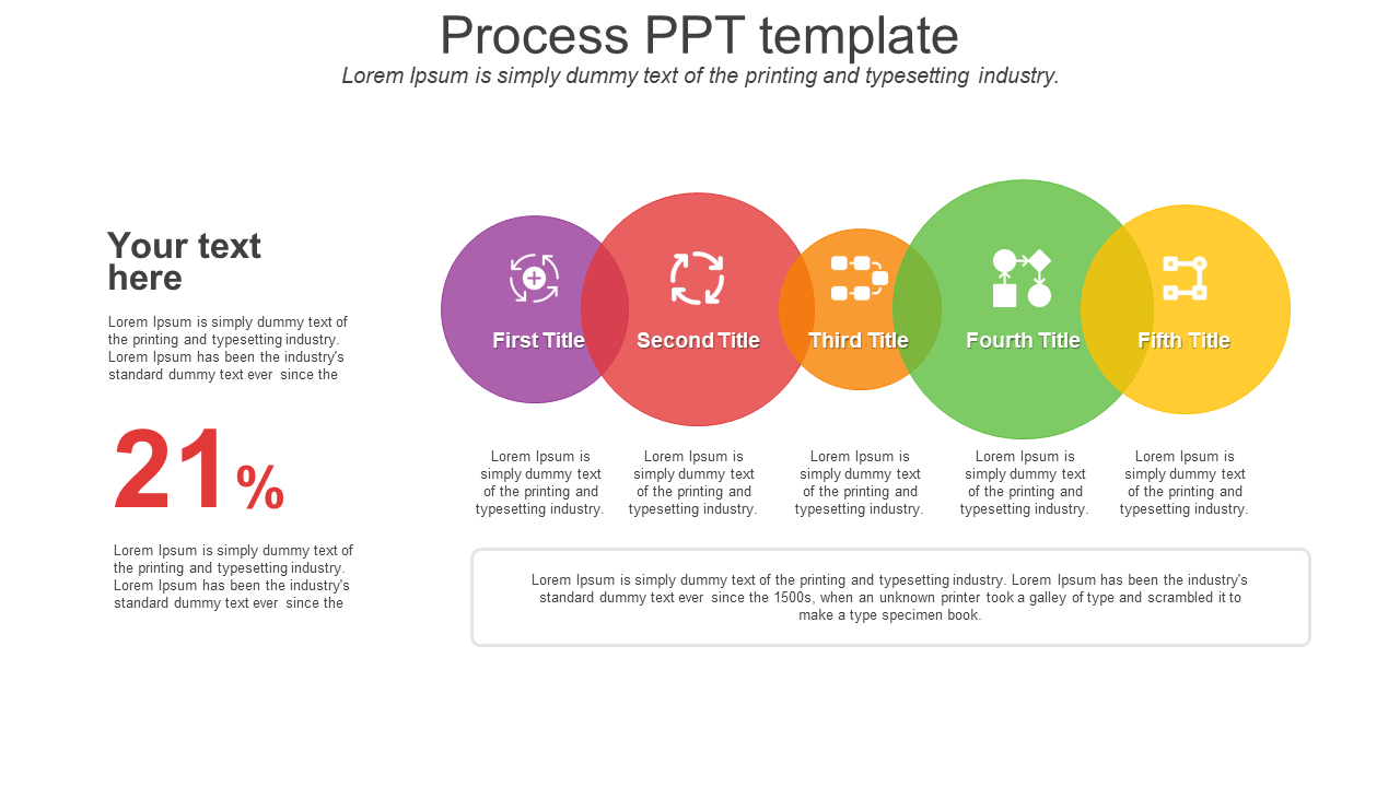 Process slide with five colorful circles representing stages, each with an icon in purple, red, orange, green, and yellow.