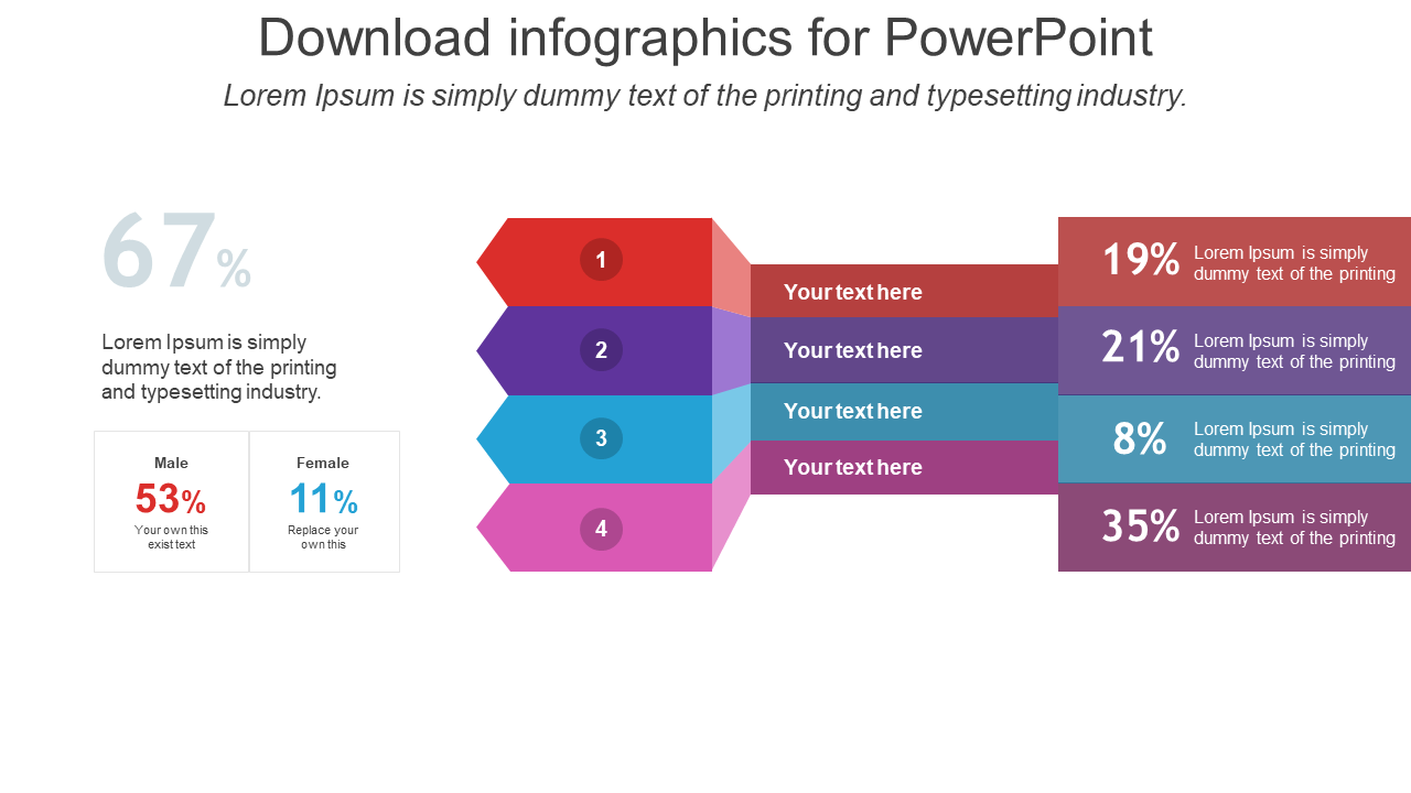 Infographic layout with red, purple, blue, and pink arrows, showcasing data and gender statistics.