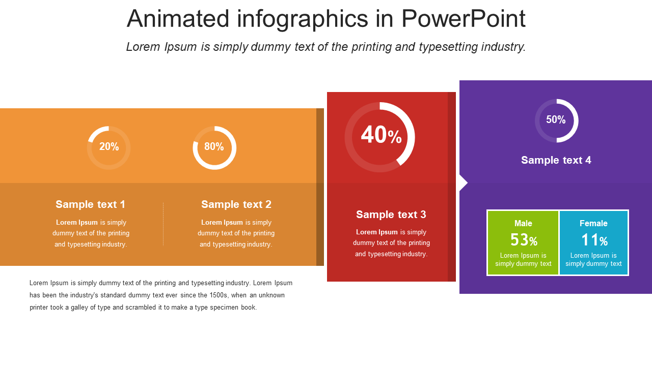 Slide featuring animated infographics with progress circles and sample text in vibrant color blocks.