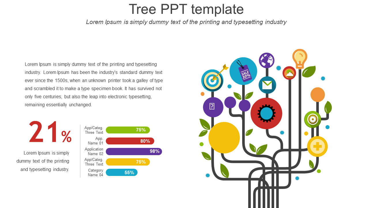 Tree themed template with colorful icons connected by branches and progress bars showing percentages.