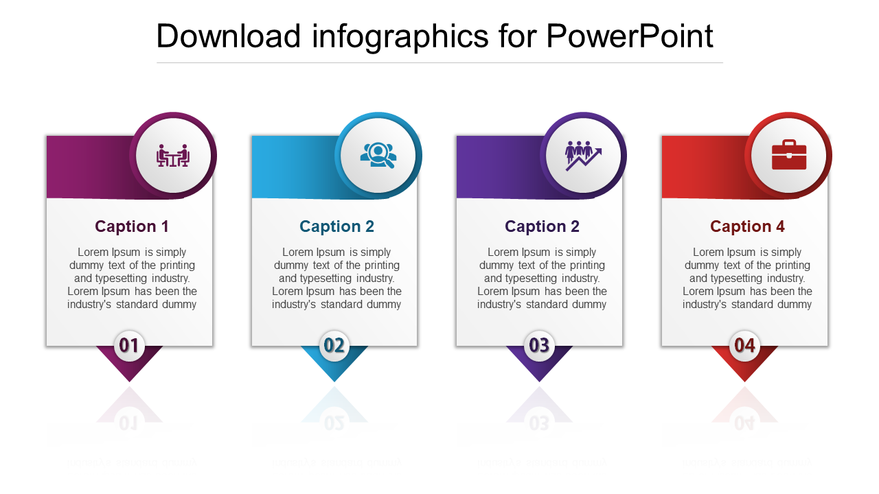 A professional PowerPoint template featuring four colorful infographic blocks with icons and placeholder text for captions.