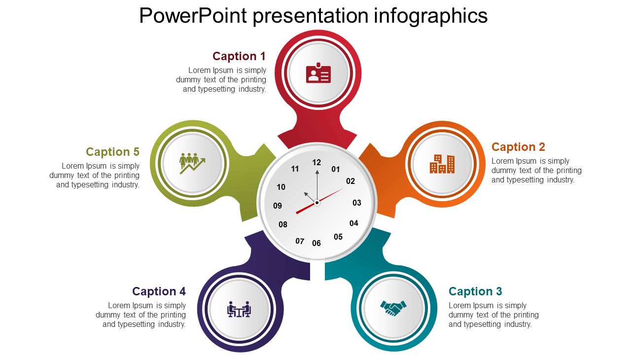 Infographic design for PowerPoint with circular icons and captions, featuring symbols.