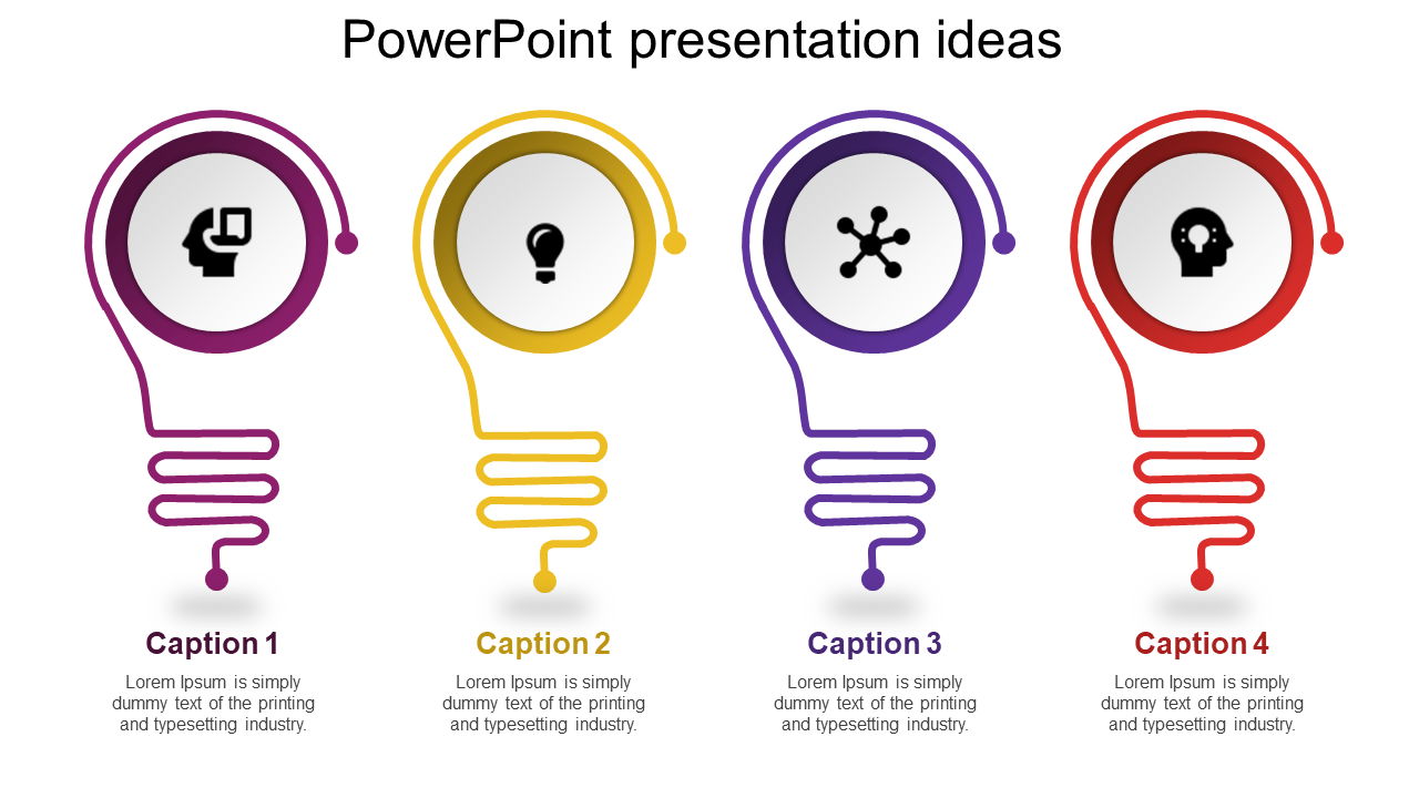 PowerPoint slide showcasing innovative ideas with distinct lightbulb illustrations and captions.