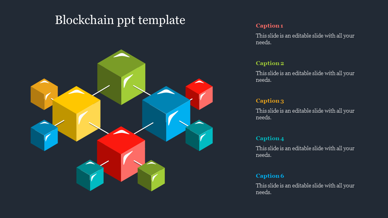 Blockchain technology with 3d cubes in red, blue, green, and yellow on a dark background with six caption areas.