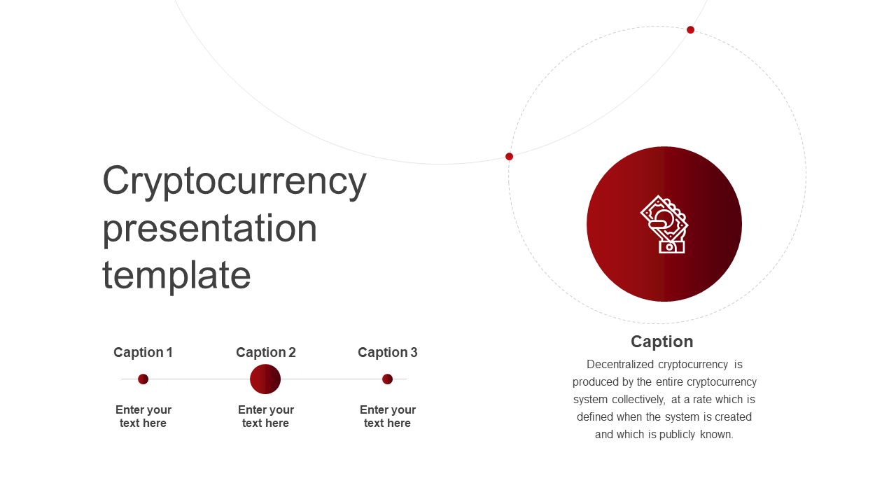 Cryptocurrency presentation template with three caption areas and an icon of a hand holding money.