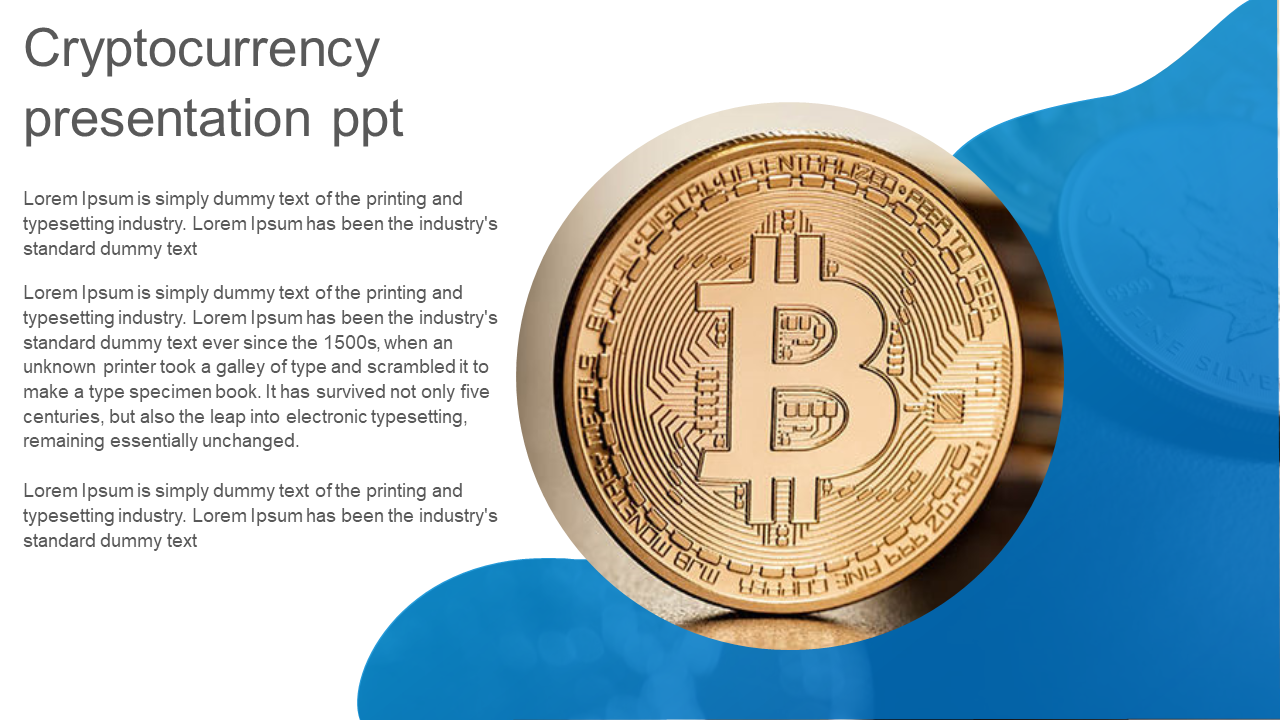 Large bitcoin coin illustration on the right, set against a blue wave design with text on the left white area.