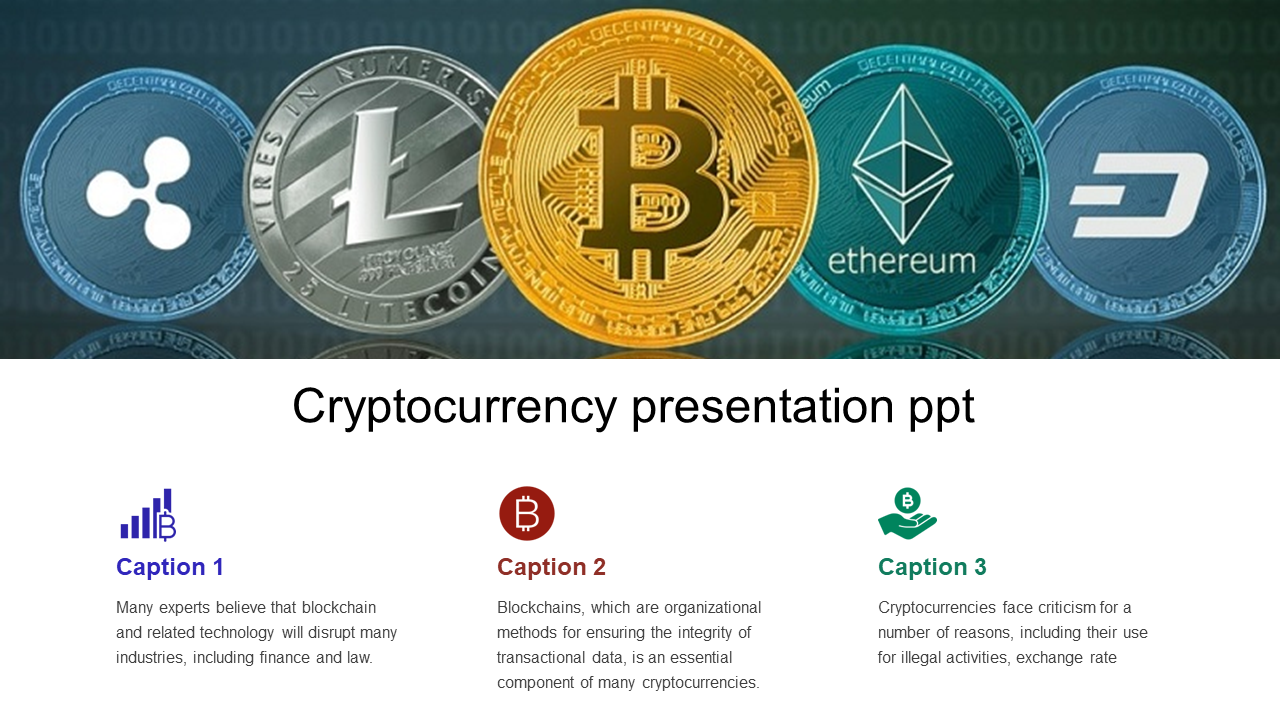 Slide showcasing five cryptocurrency coins alongside informational captions about blockchain and cryptocurrencies with icons.