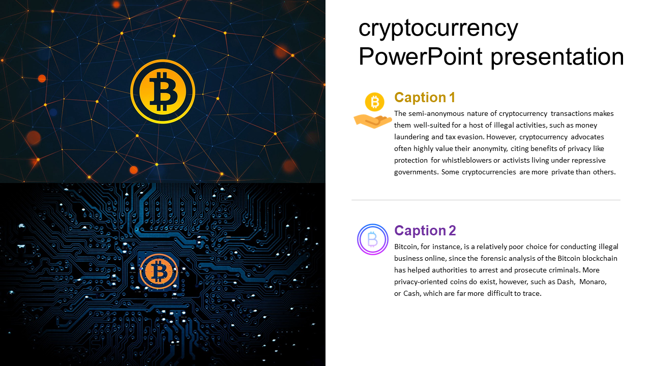 Two Bitcoin symbol overlaid on a dark, connected network and circuit board backgrounds, with text on the right.