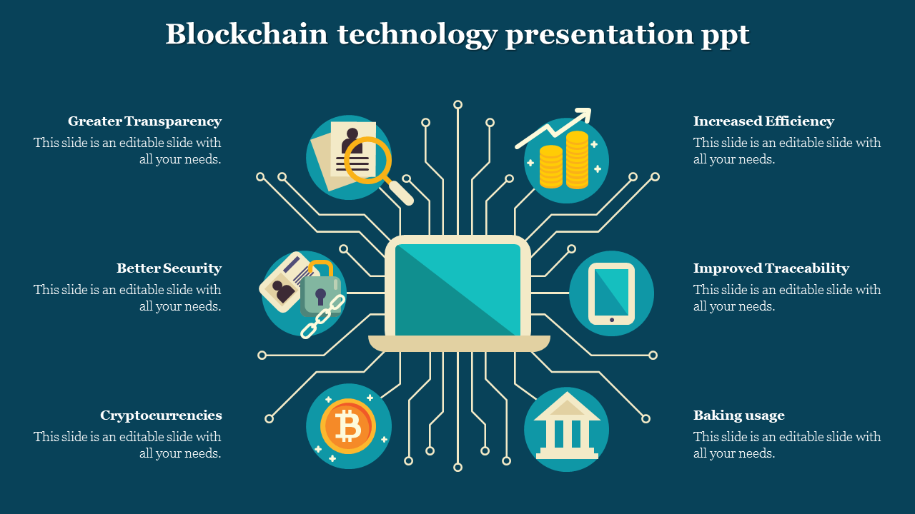 Slide on blockchain technology showcases a laptop surrounded by icons on a blue backdrop with a text area.