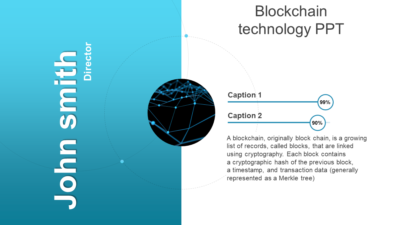 Slide with a gradient blue background, a circular network graphic, and  two percentage captions, on the right white section.