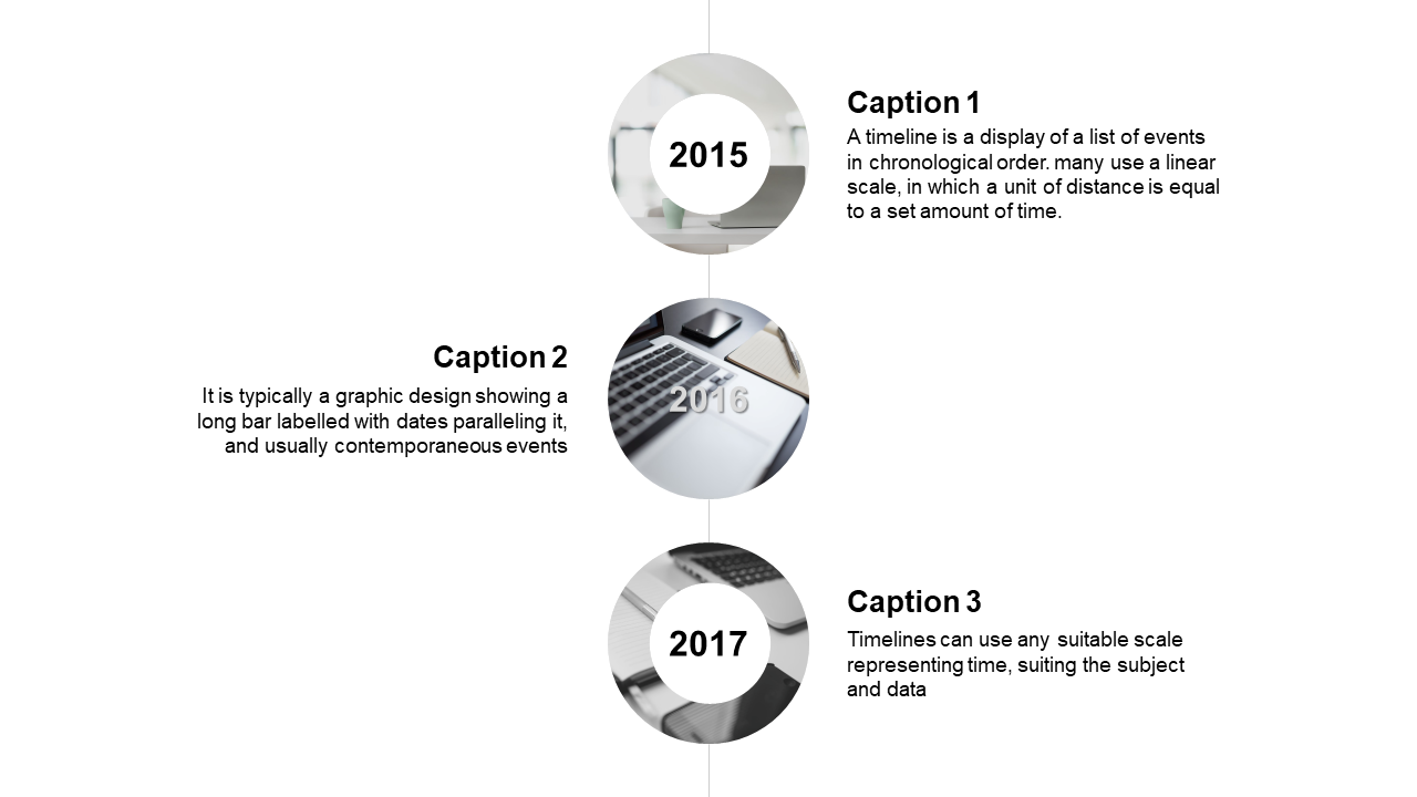 Vertical timeline with three circular images from 2015 to 2017 and captions beside each, featuring black and white colors.