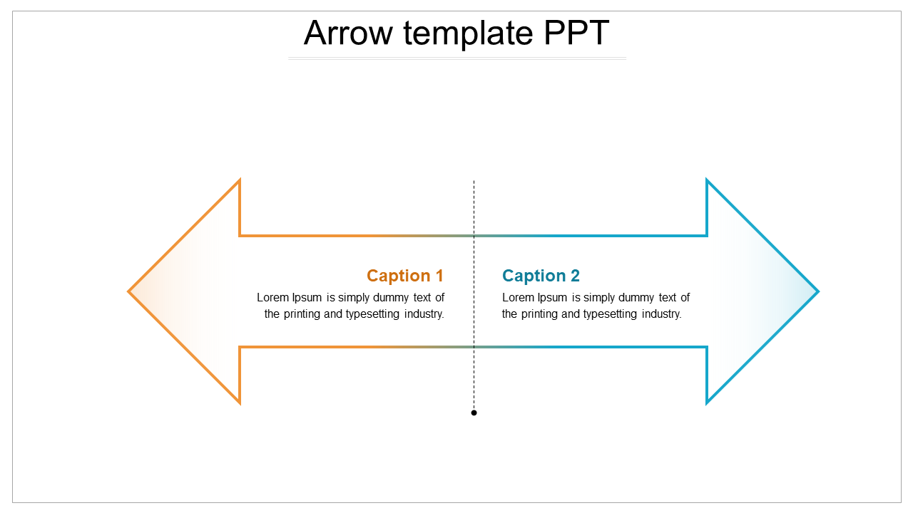 Two opposing arrows in orange and blue borders, labeled caption 1 and 2 with text placeholders inside.