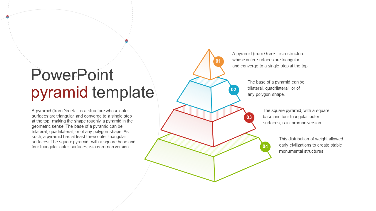 3D pyramid diagram with four colored layers in orange, blue, red, and green, labeled 01 to 04, each with text.