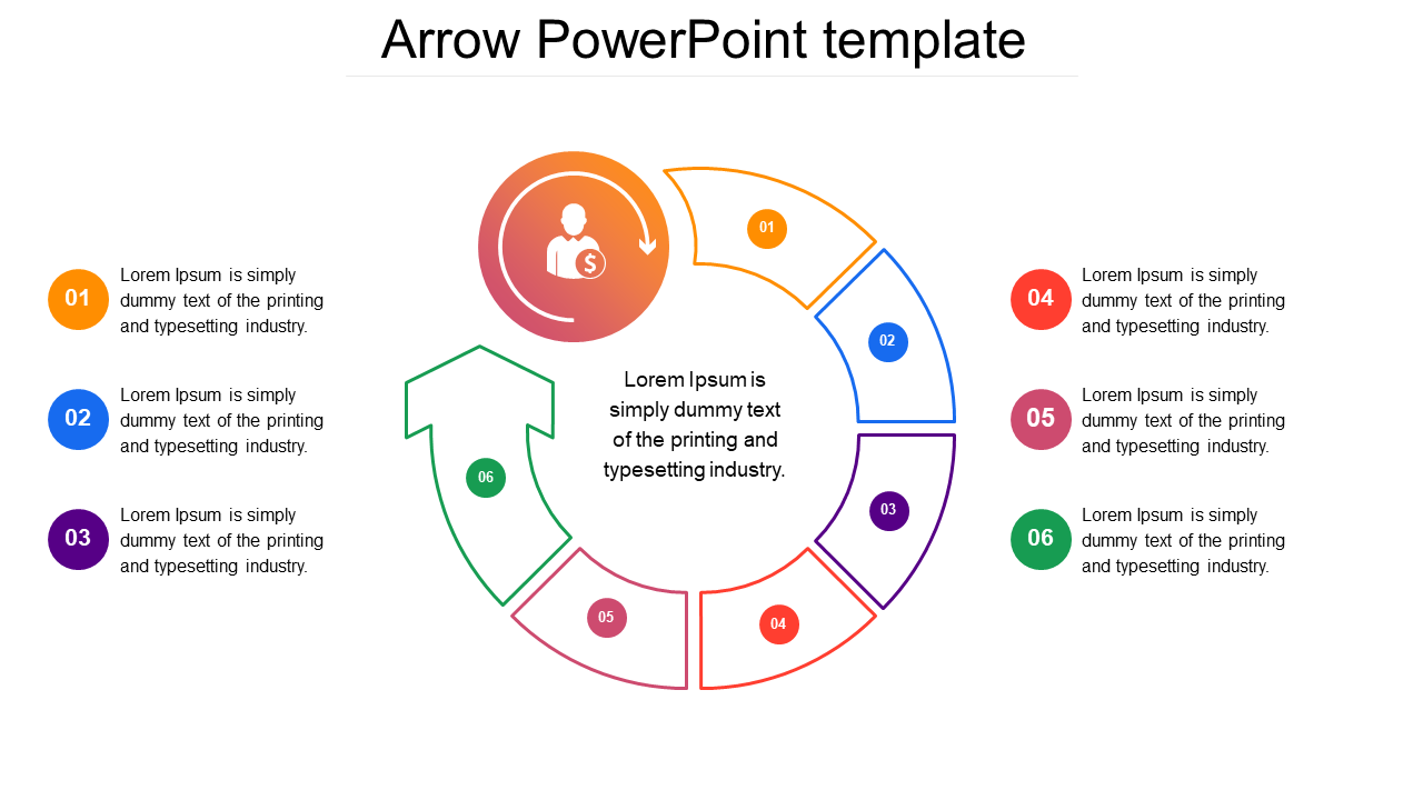 Arrow diagram in a PowerPoint template showing six steps with colorful icons and text placeholders.