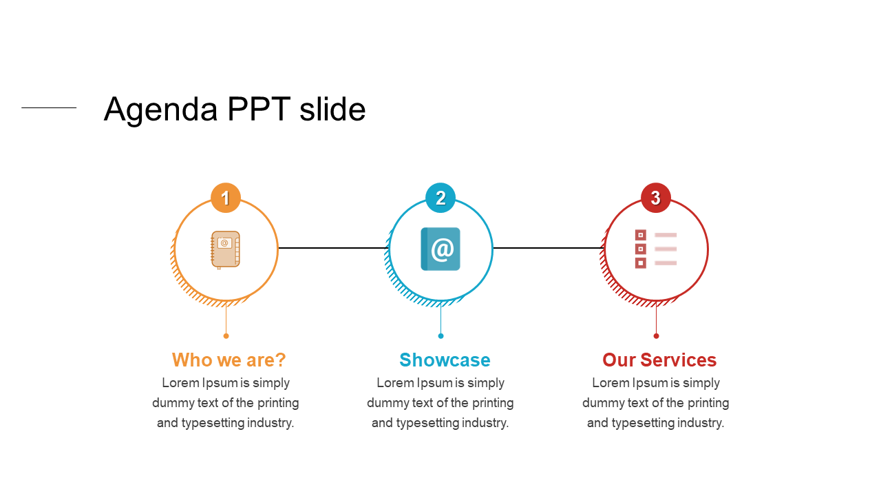 Slide featuring a three part agenda with orange, blue, and red circles, each containing an icon and descriptive text below.