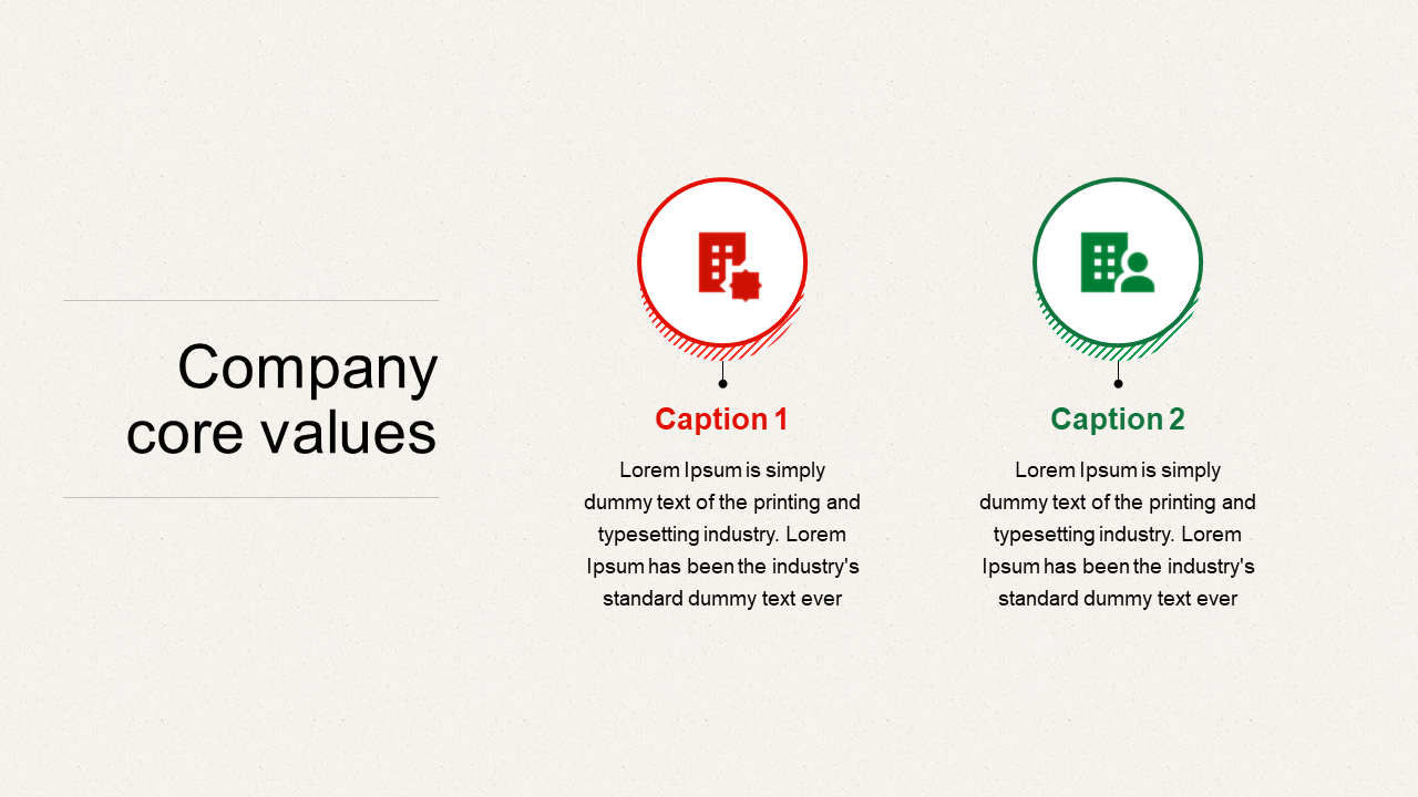 Company core values layout with red and green circular icons and placeholder text areas placed in a light background.