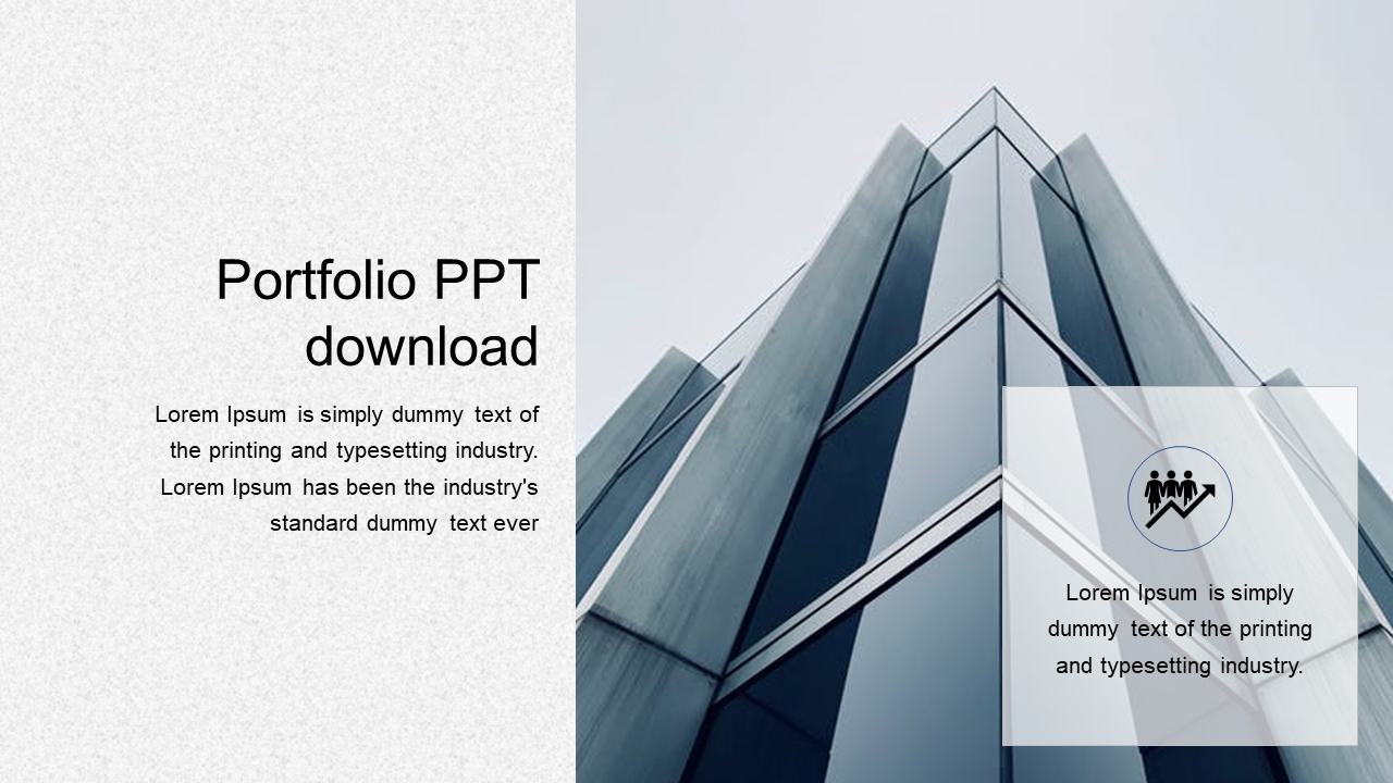 Portfolio slide with a tall glass building on the right and text on a light background to the left.