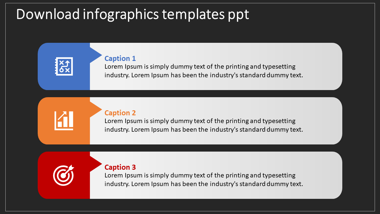 Infographic PowerPoint slide with placeholders for captions and colorful icons.