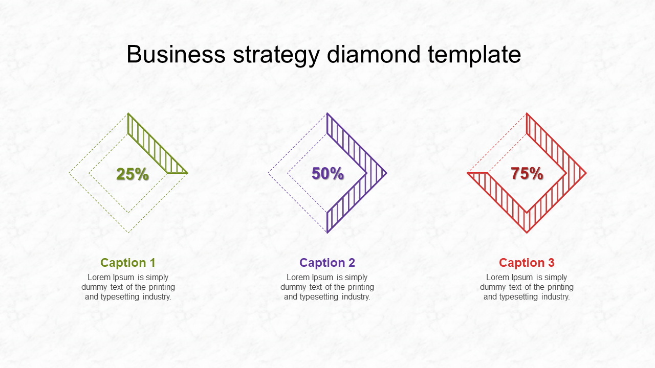 Three outlined diamonds with percentages in green, purple, and red, aligned horizontally on a white background.