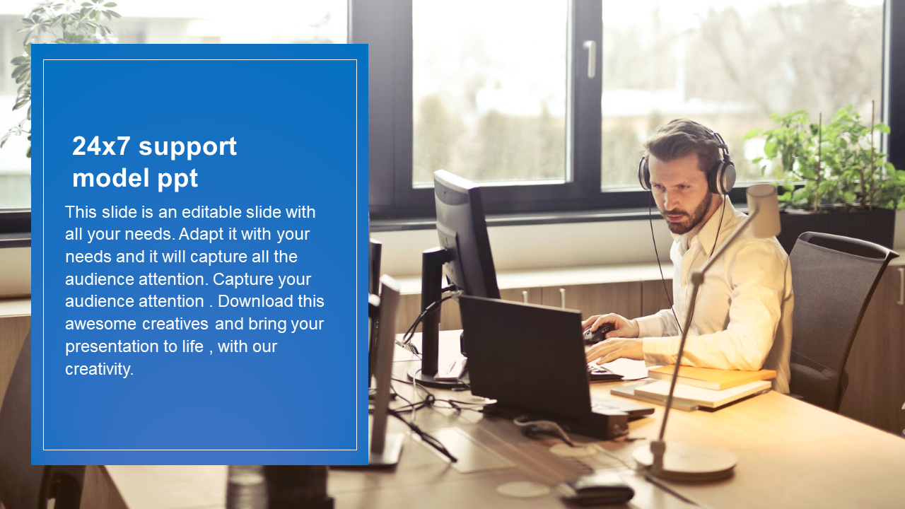 Slide emphasizing a 24x7 support model, featuring an office setting with a person engaged in customer support tasks.