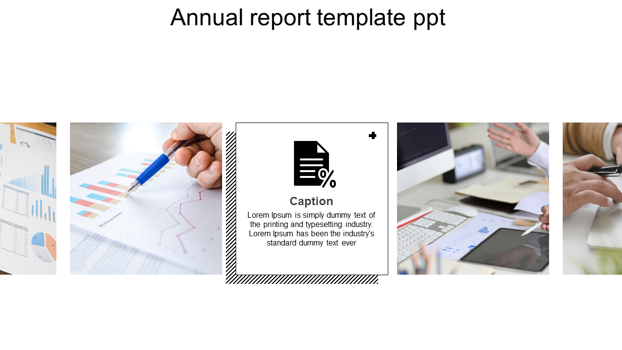 Slide featuring a central monochrome document icon with captions, surrounded by four images showcasing data analysis scenes.