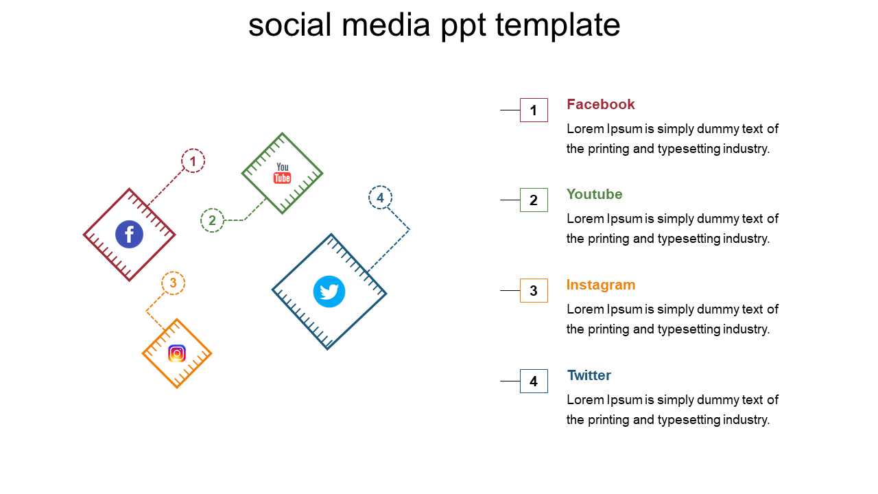 Social media slide with icons for Facebook, YouTube, Instagram, and Twitter arranged in a scattered layout.