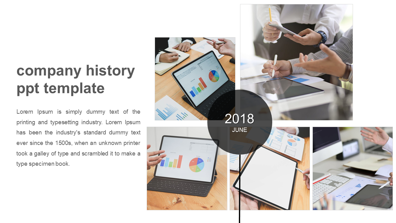 Company history slide featuring various images of charts on tablets, a 2018 june timeline marker, and placeholder text.