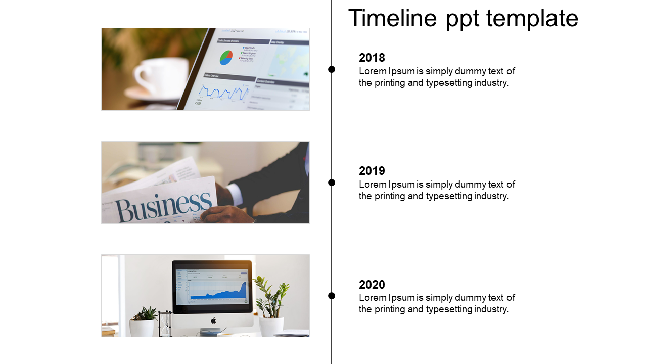 Timeline slide with three milestone years paired with right aligned text and business related images on the left.