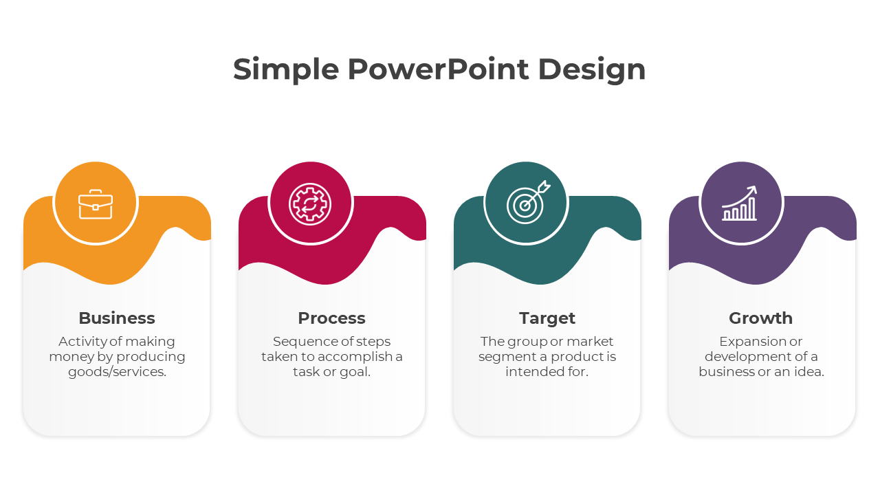 Four rectangular panels in orange, red, green, and purple, each with an icon and text.