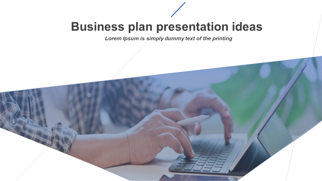 Business plan PowerPoint slide showcasing a person working on a laptop with a text section for presentation ideas.