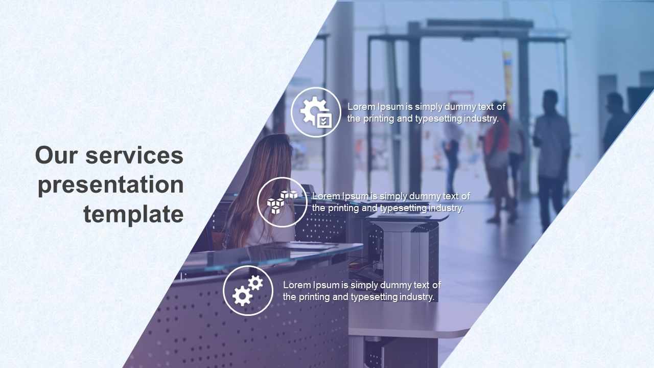 Service oriented PowerPoint slide featuring icons and a photo of a busy office environment with placeholder text.