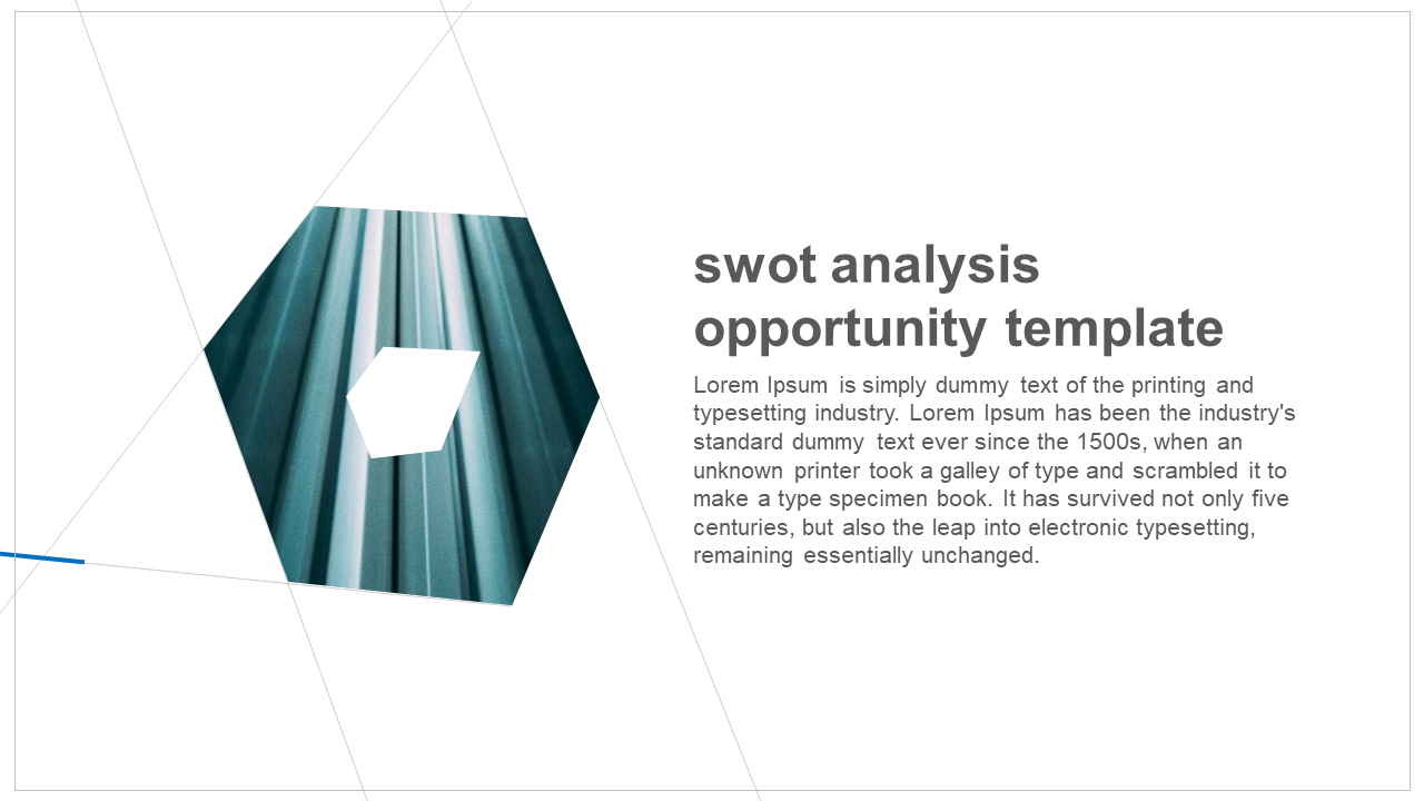 SWOT analysis PowerPoint template featuring a geometric design with text placeholders for opportunity analysis.