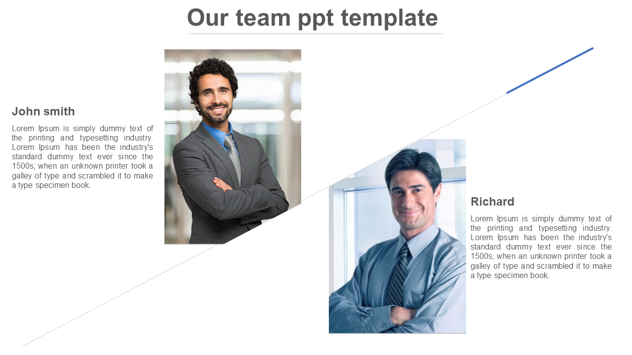 Team introduction slide featuring two professionals, with profile descriptions and photos.