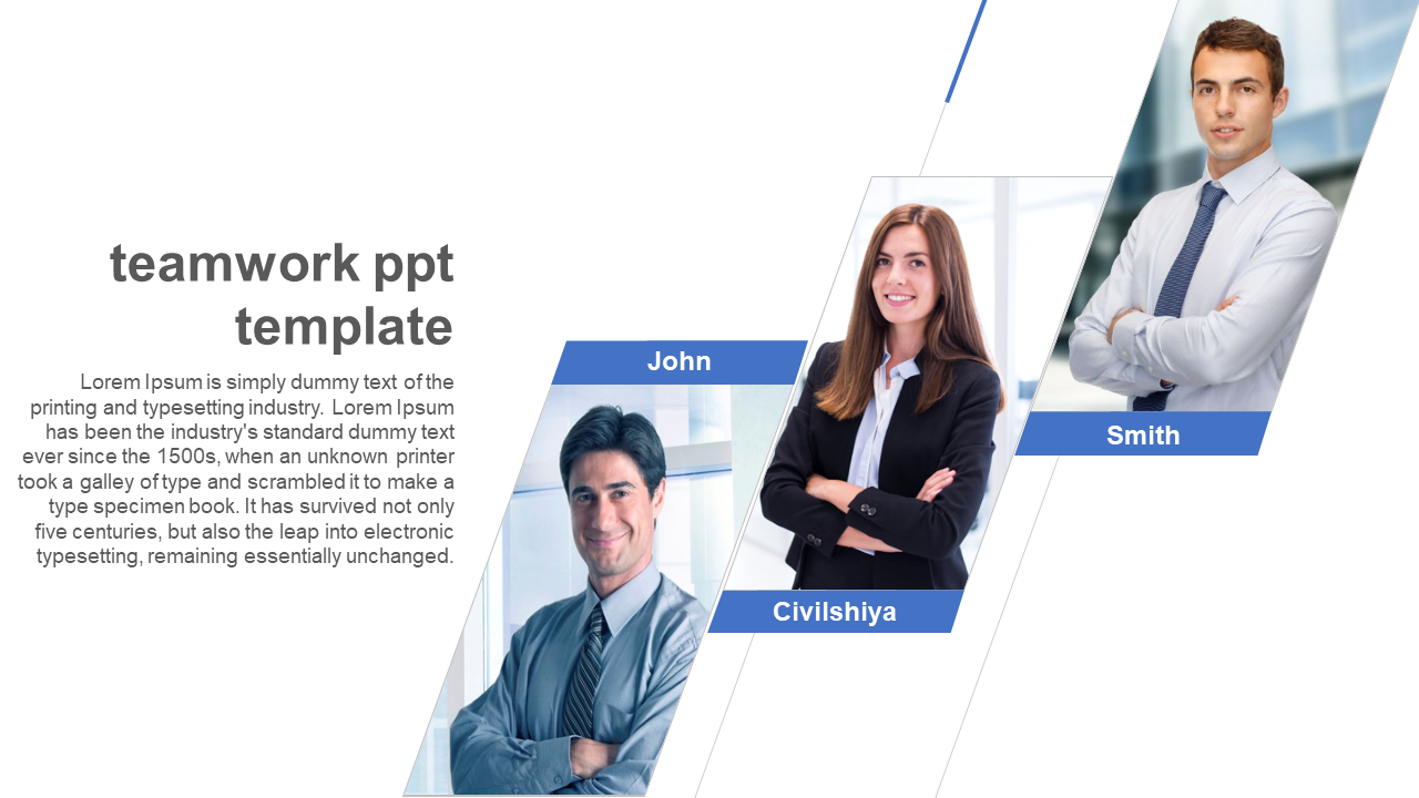 Teamwork PowerPoint template showcasing three professionals with text placeholders for a collaborative presentation.