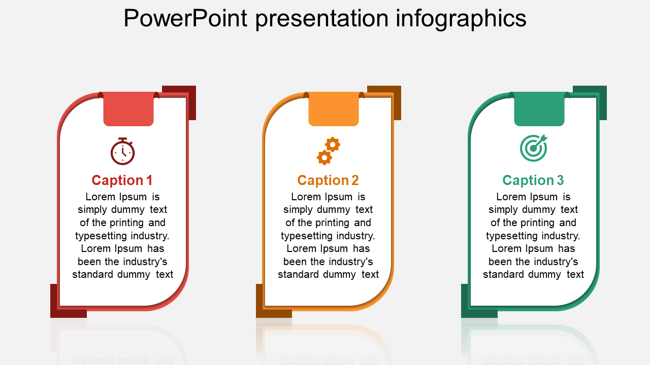 Creative PowerPoint slide featuring three colorful infographic sections, each with different icons and captions.