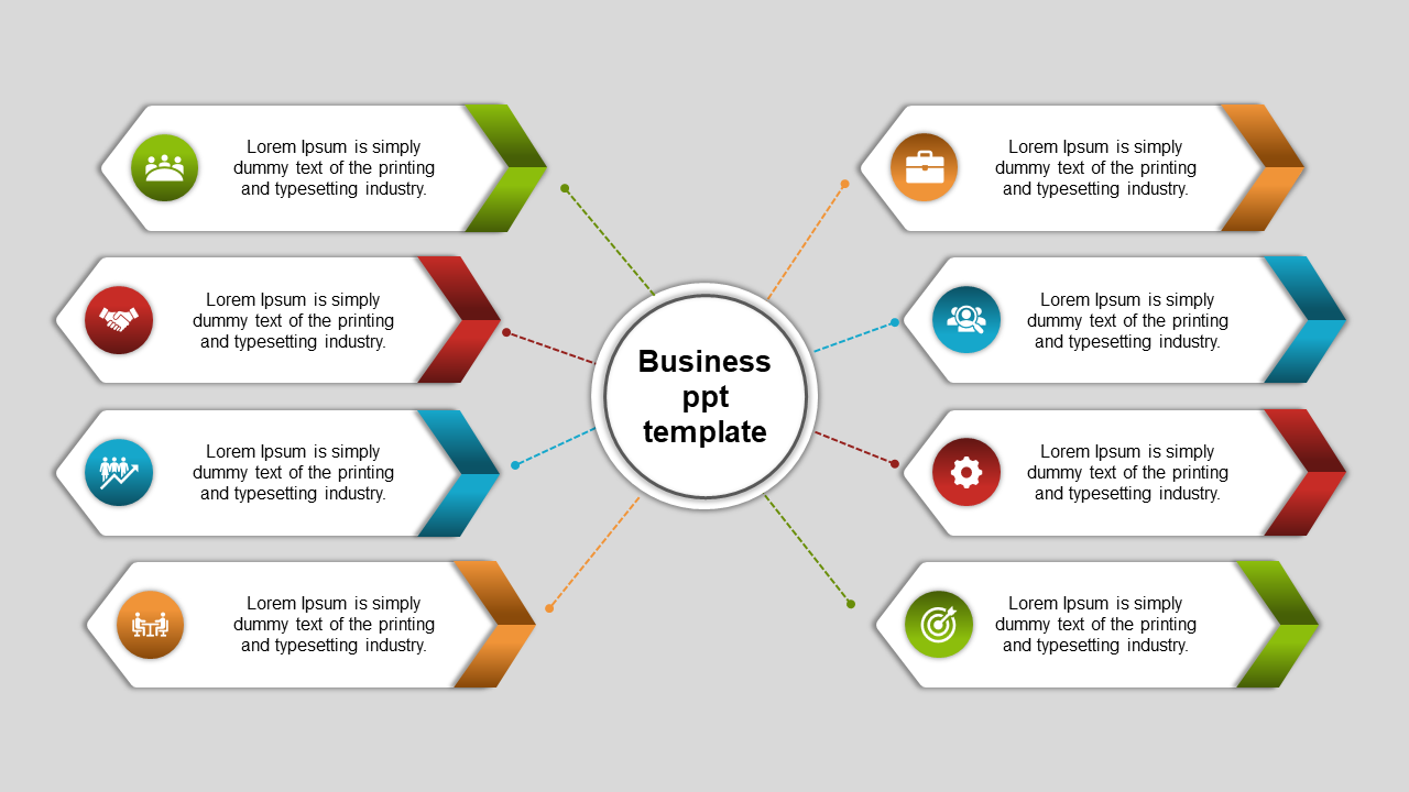 Circular hub diagram with eight arrow shaped banners in green, red, blue, and orange, each containing an icon and text.