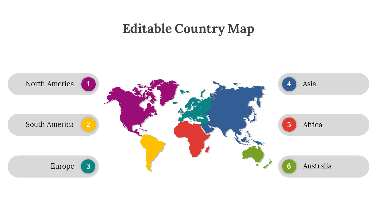 Colorful world map slide highlighting continents with numbered labels for easy reference.