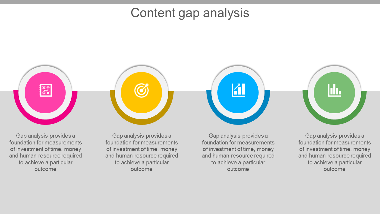 Gap analysis layout with four circular icons in vibrant colors, each paired with descriptive text below on a gray background.