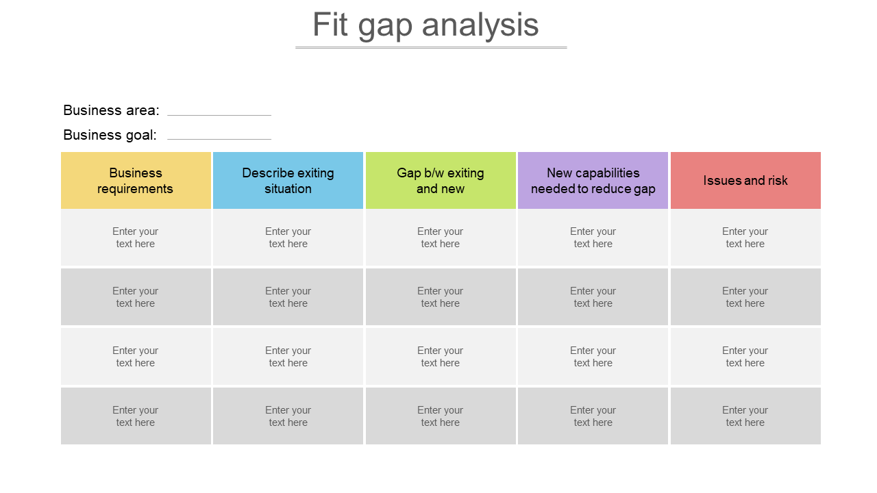 Grid style table for fit gap analysis with six colored columns, each having multiple gray rows for text.