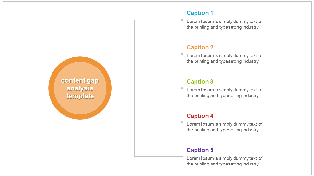 Orange circular design linked to five colored text sections in blue, yellow, green, red, and purple on the right.