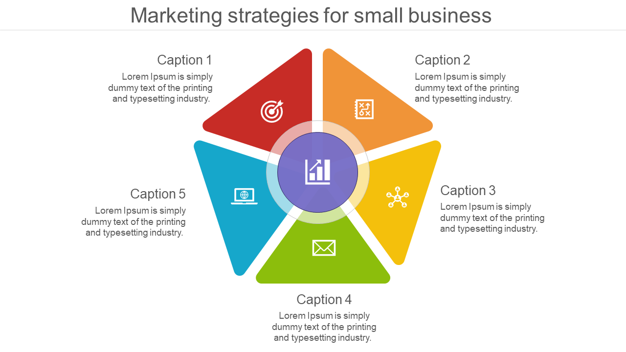 Hexagonal layout with five colorful triangles arranged around a central circle, each with an icon and text.