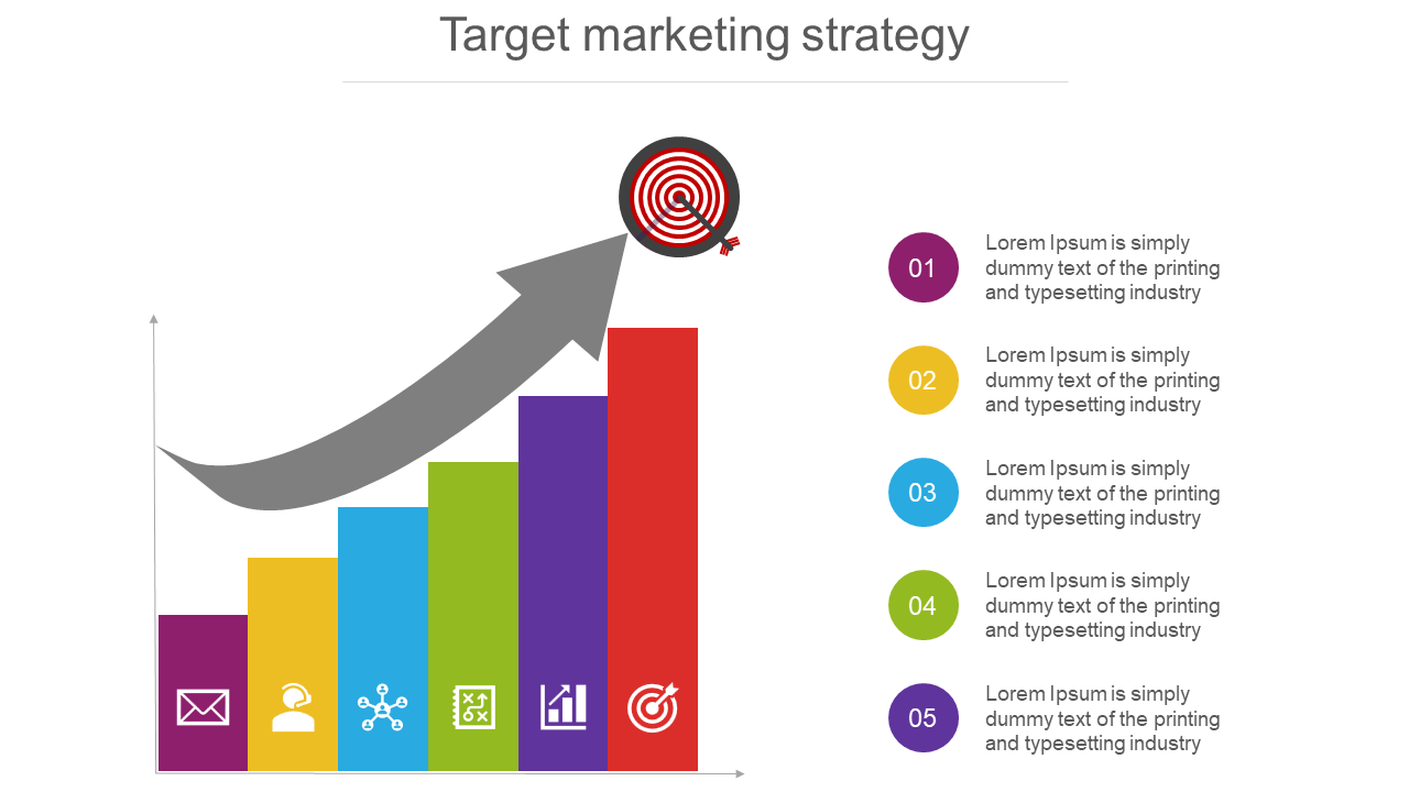 Colorful bar graph with a gray arrow pointing towards a target icon, with numbered circles and text on the right.