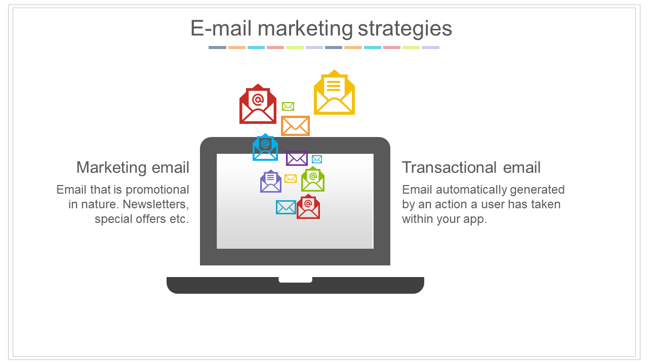 Illustration of a laptop with colorful email icons representing different types and two descriptions on both sides.