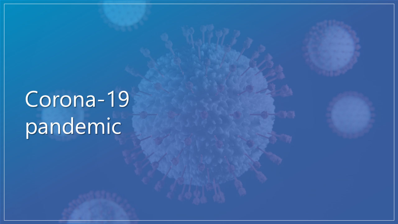 Slide featuring a blue gradient background with a prominent image of a coronavirus structure.