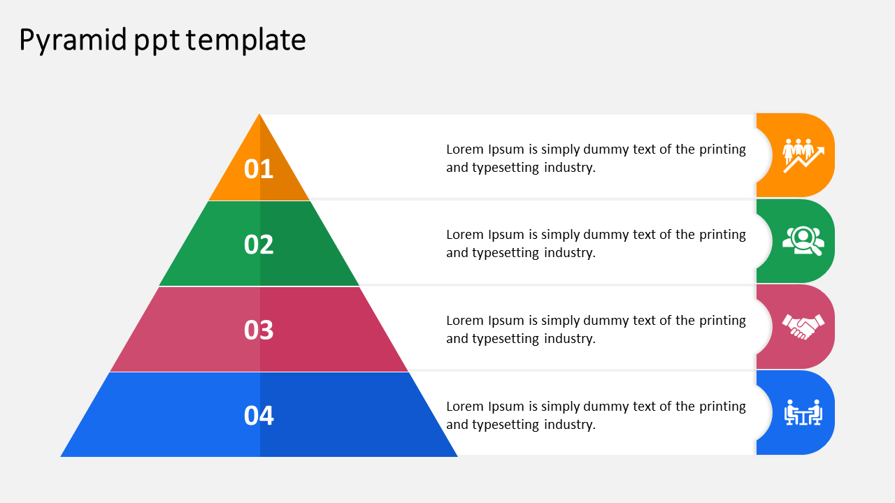 Pyramid PPT template with four levels, each with different colors and icons for each stage with placeholder text.