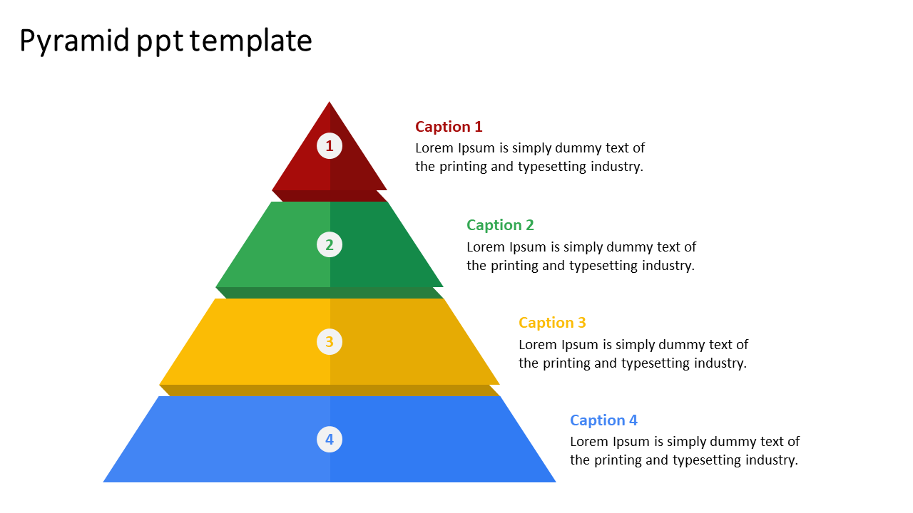 Pyramid PowerPoint template with four sections, each labeled with numbers and colored differently with captions.