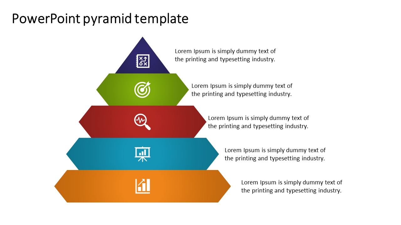 Pyramid template with purple, green, red, blue, and orange levels, each containing an icon and caption.