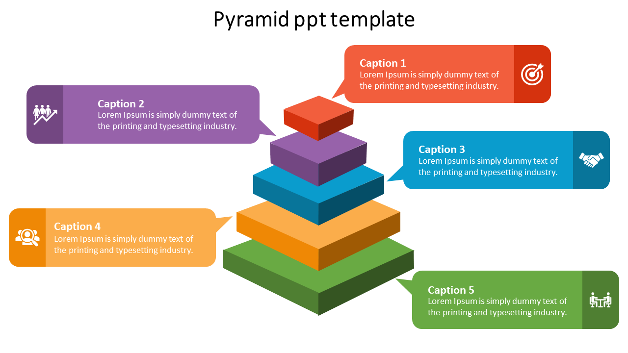 Five-level pyramid structure in various colors, with descriptive captions and icons aligned horizontally on both sides.